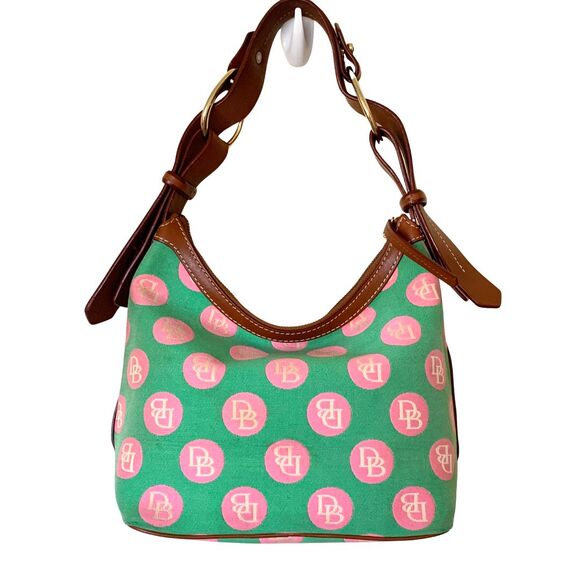 Dooney & Bourke Green and Pink Logo Polkadot Canvas Shoulder Bag - Picture 2 of 13